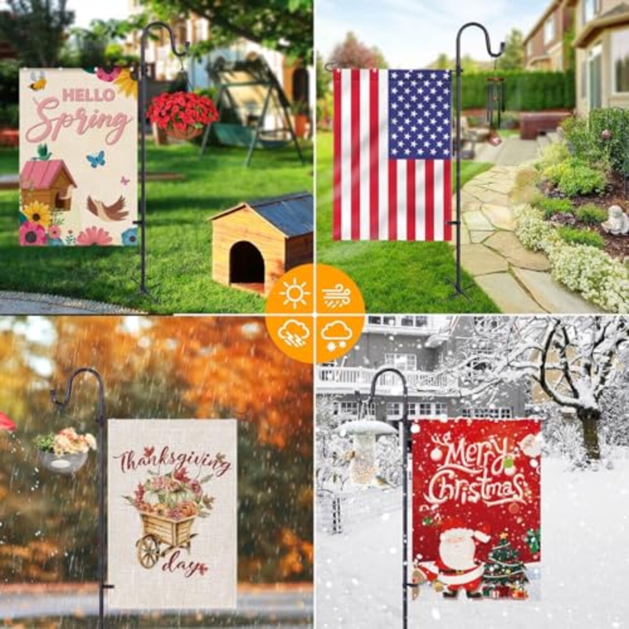 Large Garden Flag Holder Stand Pole for 28 x 40 Flags with Shepherds Hooks for Outdoor - 60 Inches Heavy Duty Yard Flag Post Stake Perfect for Outdoor Decor(Without Solar Lights & Flag)